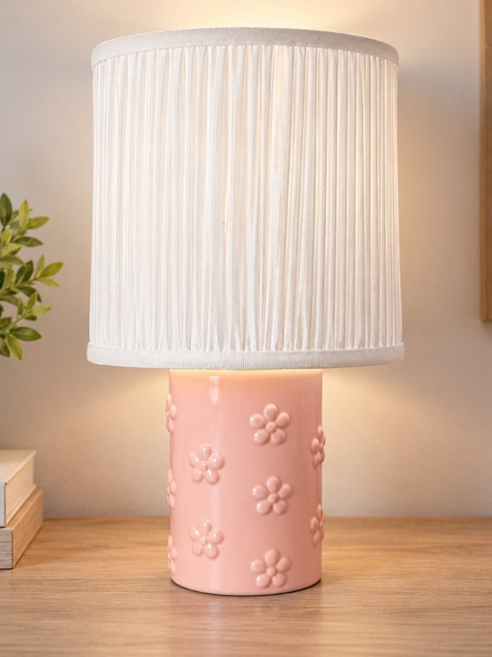 Pink Floral Ceramic Table Lamp with White Pleated Shade – Daisy Accent Lamp
